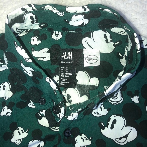 H M Tops Hm Shirt Mickey Mouse Green Button Down Xs Disney Euc Unisex Poshmark